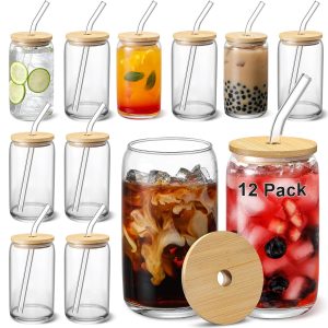 Cheers to Style: 12pcs Glass Cup Set with Bamboo Lids & Straws for Every Sip!
