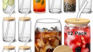 Cheers to Style: 12pcs Glass Cup Set with Bamboo Lids & Straws for Every Sip!