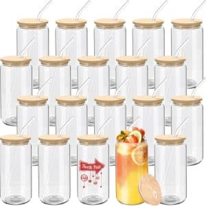 Sip in Style: 20 Pack Glass Cups with Bamboo Lids and Straws - The Ultimate Drinking Experience!