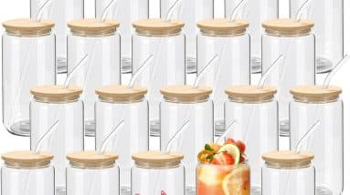 Sip in Style: 20 Pack Glass Cups with Bamboo Lids and Straws - The Ultimate Drinking Experience!