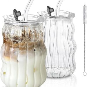 Sip in Style: Discover the Vintage Charm of Ribbed Glass Cups with Lids and Straws
