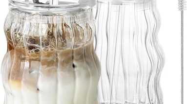 Sip in Style: Discover the Vintage Charm of Ribbed Glass Cups with Lids and Straws