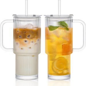 Sip in Style: INSETLAN 26oz Ribbed Glass Tumblers - Your Go-To for Iced Coffee & More!