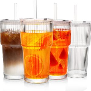 Sip in Style: Review of Vintage 20Oz Ribbed Glass Tumblers with Lids and Straws