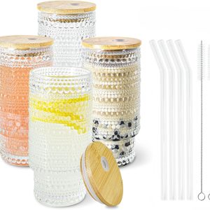 Stylish Sips: Review of the 4 Pcs Hobnail Glasses Set with Bamboo Lids & Straws