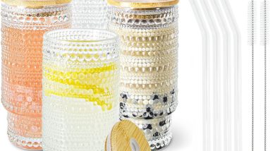Stylish Sips: Review of the 4 Pcs Hobnail Glasses Set with Bamboo Lids & Straws