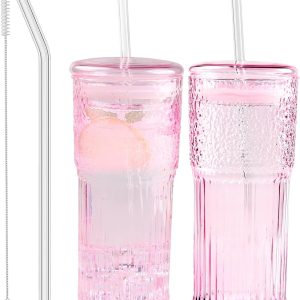 Stylish & Versatile: Review of 20 OZ Pink Glass Coffee Cups with Lids and Straws